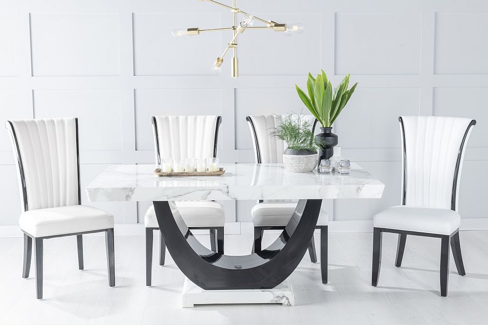 Madrid Marble Dining Table Set White Top And Black Gloss U Shaped Pedestal Base With Cadiz White Faux Leather Chairs