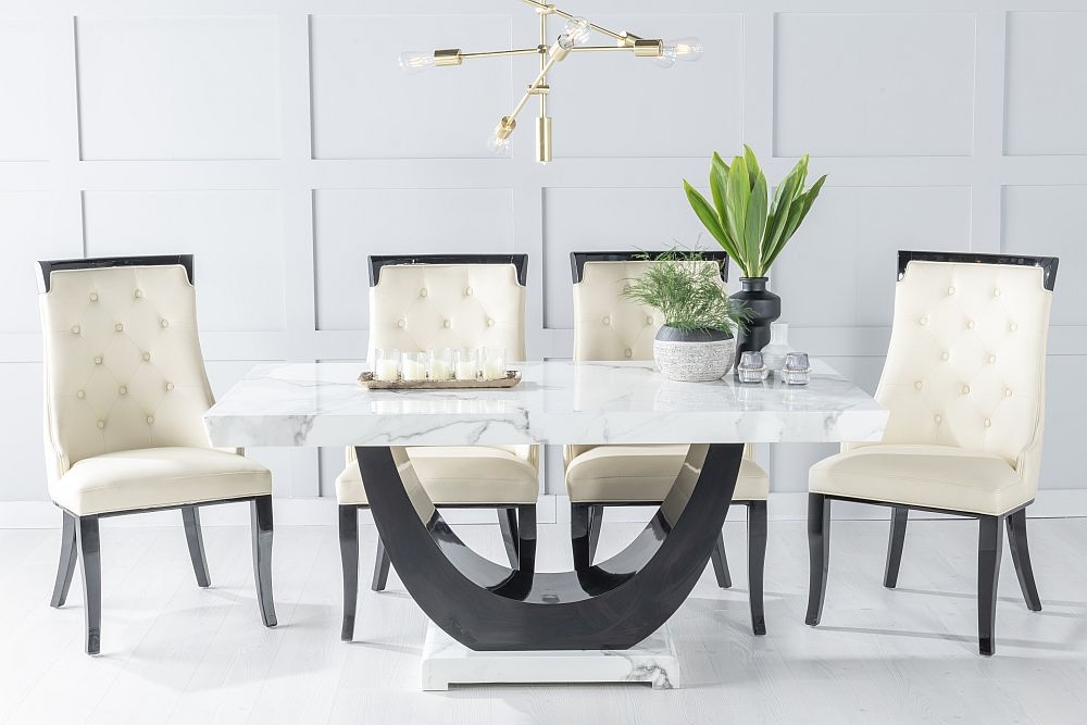 Madrid Marble Dining Table Set White Top And Black Gloss U Shaped Pedestal Base With Carmela Cream Faux Leather Chairs