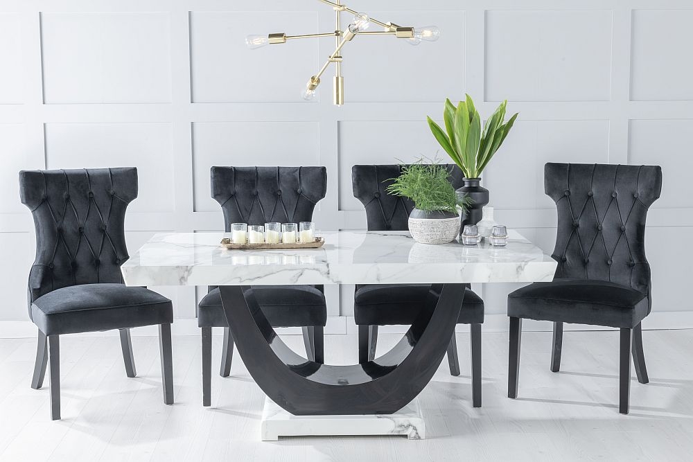 Madrid Marble Dining Table Set White Top And Black Gloss U Shaped Pedestal Base With Courtney Black Fabric Chairs