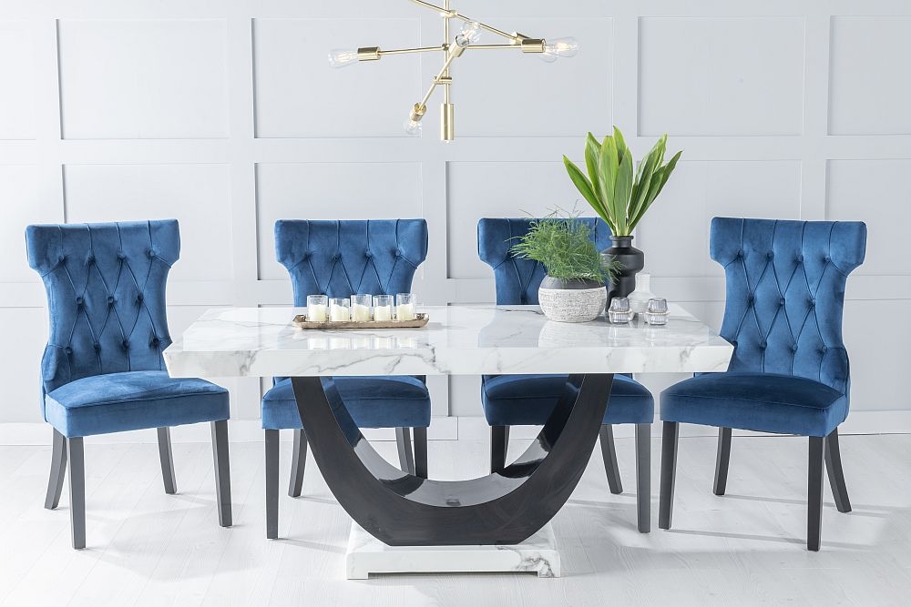 Madrid Marble Dining Table Set White Top And Black Gloss U Shaped Pedestal Base With Courtney Blue Fabric Chairs