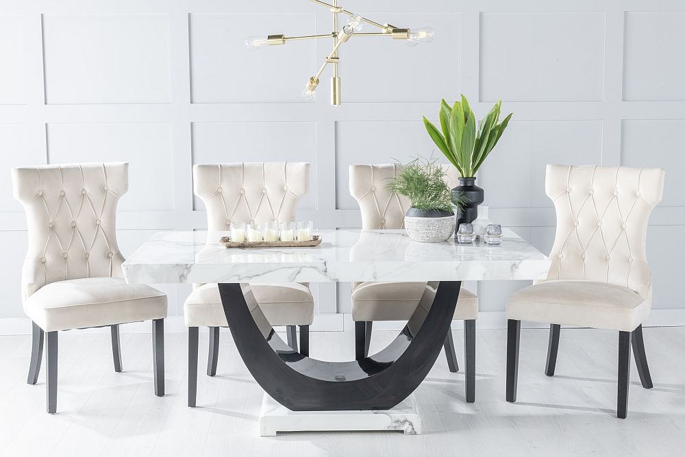 Madrid Marble Dining Table Set White Top And Black Gloss U Shaped Pedestal Base With Courtney Champagne Fabric Chairs