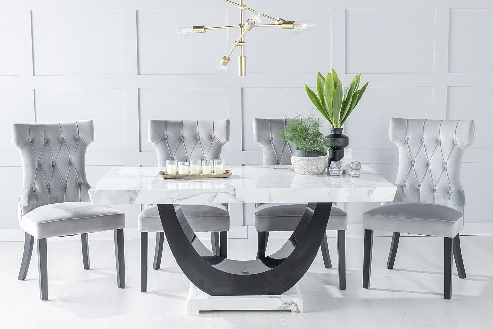 Madrid Marble Dining Table Set White Top And Black Gloss U Shaped Pedestal Base With Courtney Light Grey Fabric Chairs