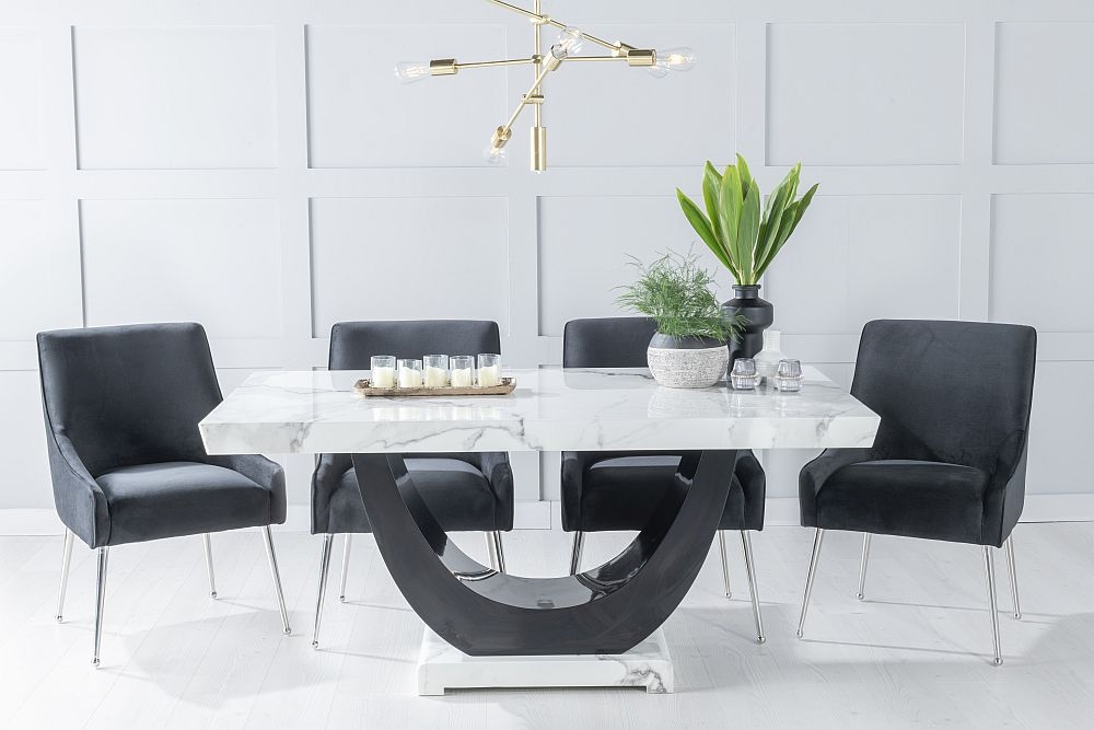 Madrid Marble Dining Table Set White Top And Black Gloss U Shaped Pedestal Base With Giovanni Black Fabric Chairs