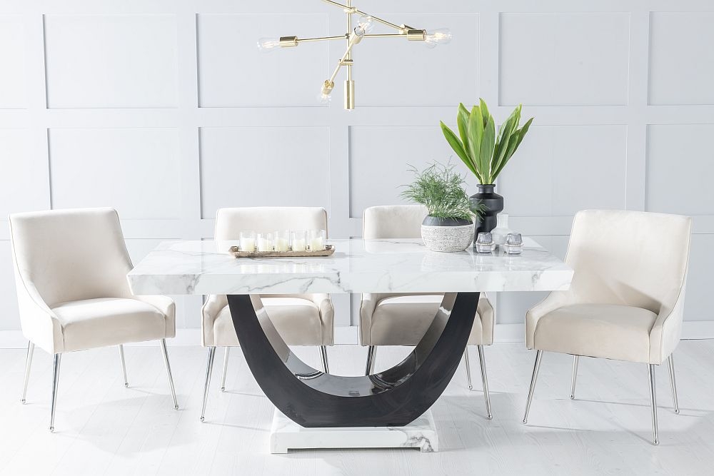 Madrid Marble Dining Table Set White Top And Black Gloss U Shaped Pedestal Base With Giovanni Champagne Fabric Chairs