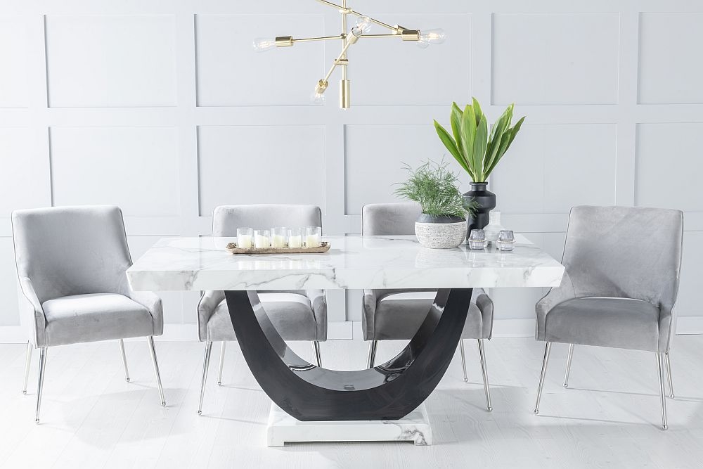 Madrid Marble Dining Table Set White Top And Black Gloss U Shaped Pedestal Base With Giovanni Light Grey Fabric Chairs