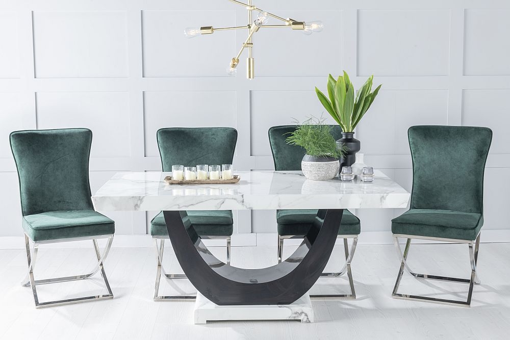 Madrid Marble Dining Table Set White Top And Black Gloss U Shaped Pedestal Base With Lyon Green Fabric Chairs