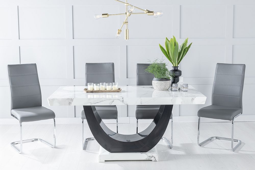 Madrid Marble Dining Table Set White Top And Black Gloss U Shaped Pedestal Base With Malibu Dark Grey Faux Leather Chairs