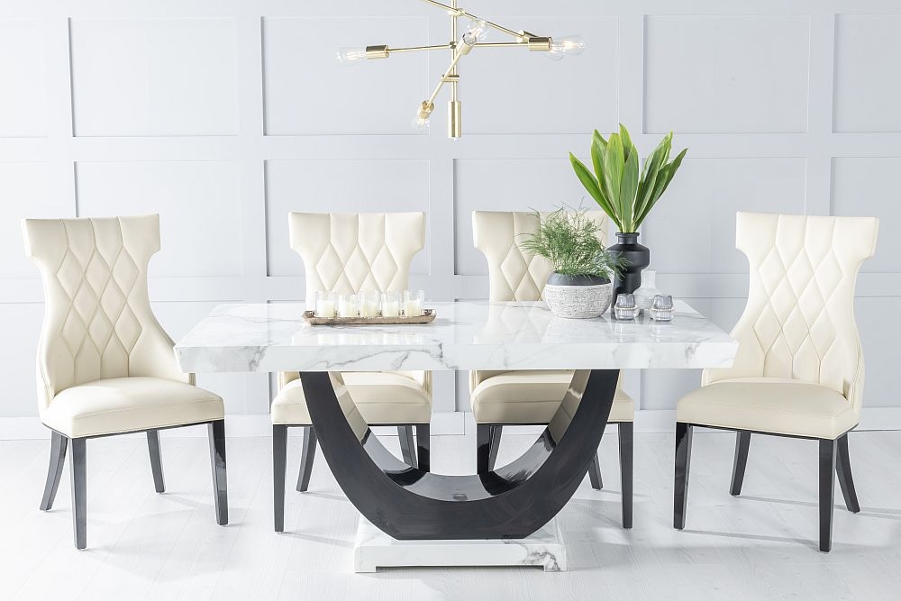 Madrid Marble Dining Table Set White Top And Black Gloss U Shaped Pedestal Base With Mimi Cream Faux Leather Chairs