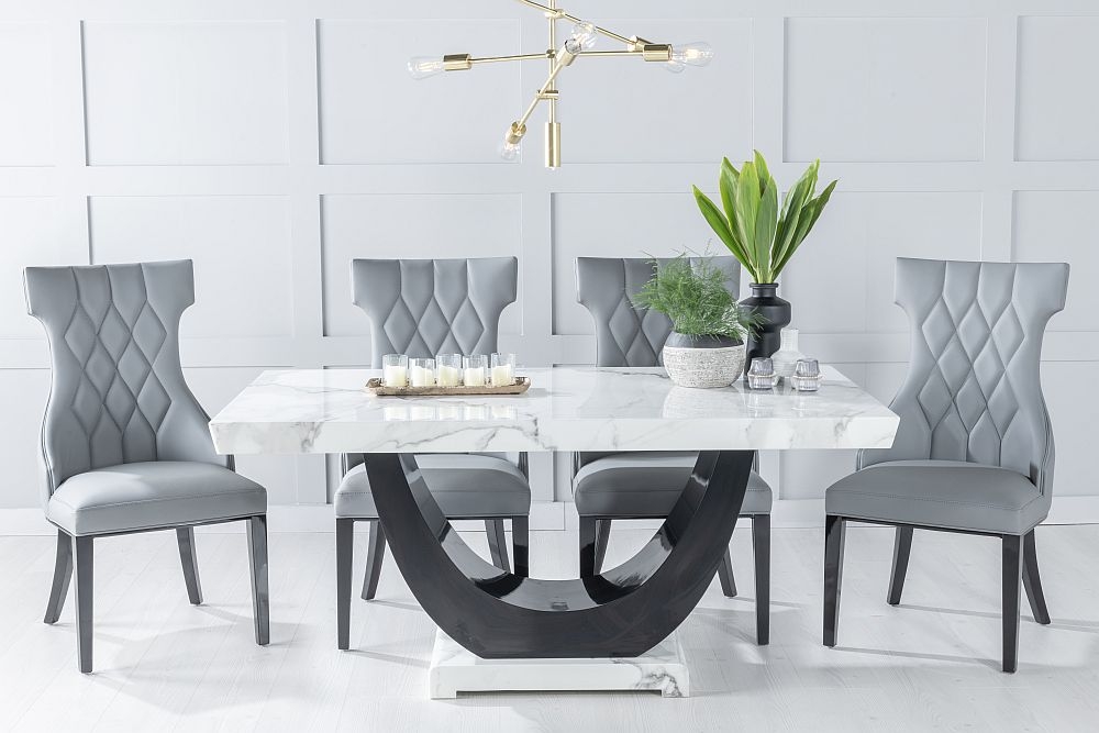Madrid Marble Dining Table Set White Top And Black Gloss U Shaped Pedestal Base With Mimi Grey Faux Leather Chairs