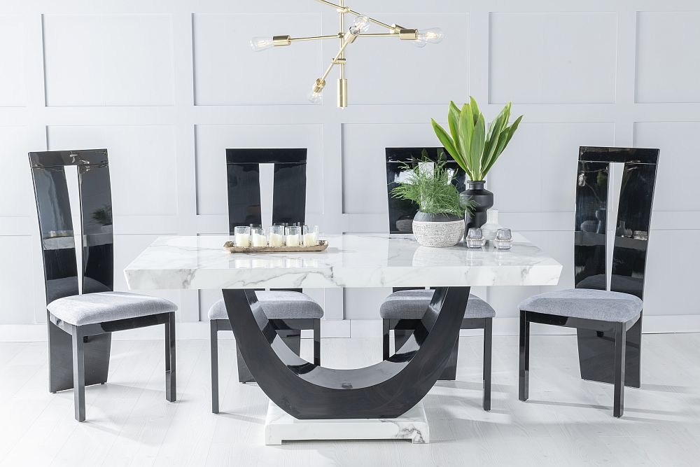 Madrid Marble Dining Table Set White Top And Black Gloss U Shaped Pedestal Base With Vienna Black High Gloss And Grey Fabric Chairs