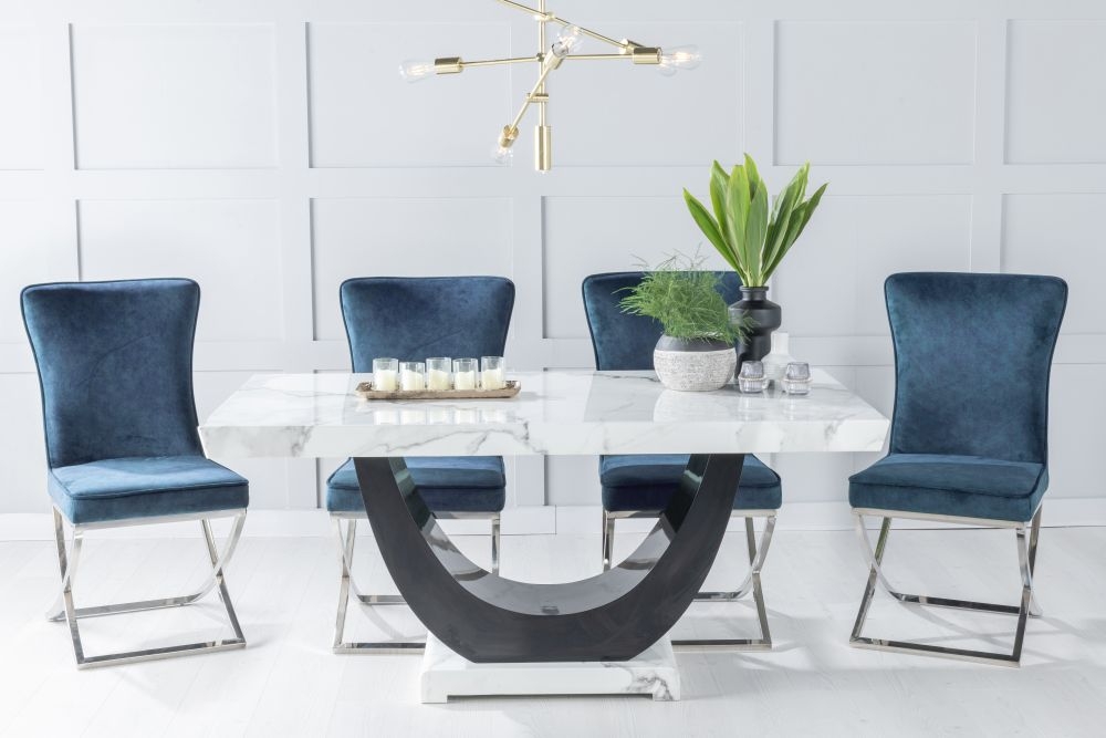 Madrid Marble Dining Table Set Rectangular White Top And Black Gloss U Shaped Pedestal Base With Lyon Blue Fabric Chairs
