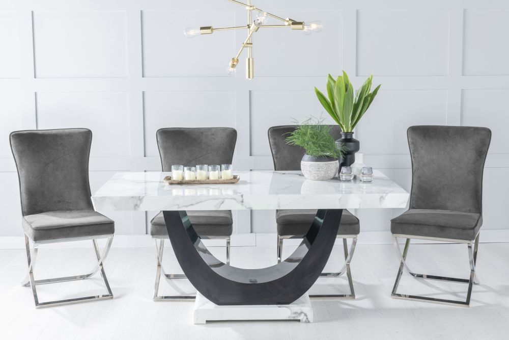 Madrid Marble Dining Table Set Rectangular White Top And Black Gloss U Shaped Pedestal Base With Lyon Grey Fabric Chairs
