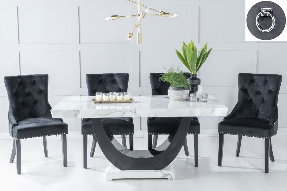 Madrid Marble Dining Table Set Rectangular White Top And Black Gloss U Shaped Pedestal Base And Black Fabric Knocker Back Chairs With Black Legs