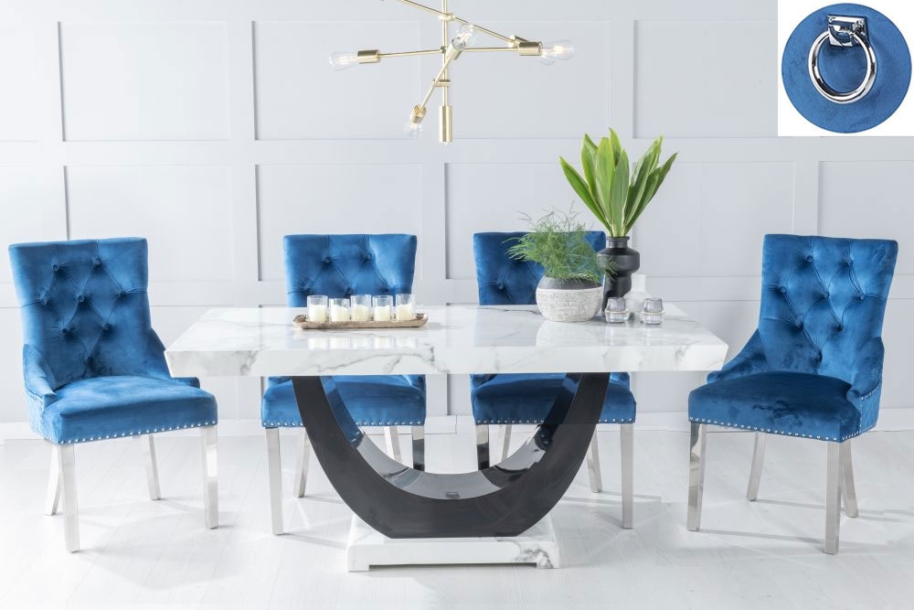 Madrid Marble Dining Table Set Rectangular White Top And Black Gloss U Shaped Pedestal Base And Blue Fabric Knocker Back Chairs With Chrome Legs