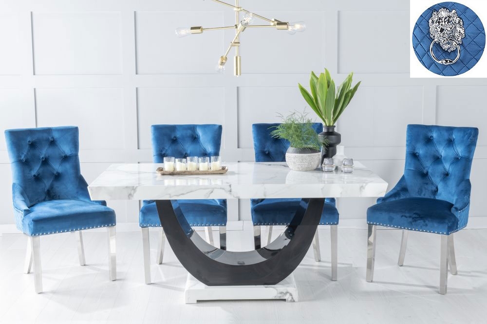 Madrid Marble Dining Table Set Rectangular White Top And Black Gloss U Shaped Pedestal Base And Blue Fabric Lion Head Ring Back Chairs With Chrome Legs