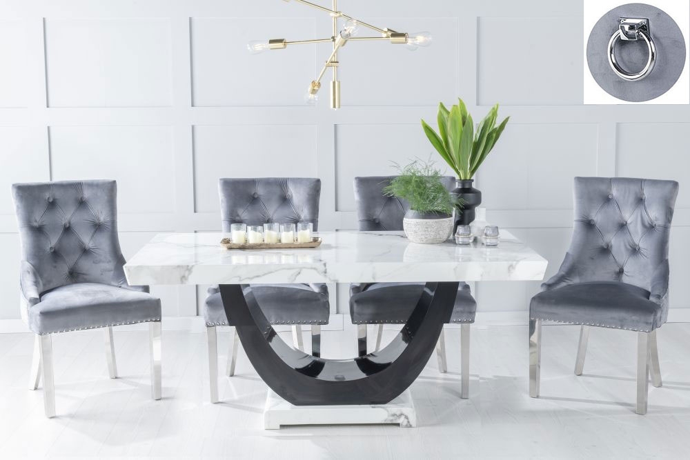 Madrid Marble Dining Table Set Rectangular White Top And Black Gloss U Shaped Pedestal Base And Grey Fabric Knocker Back Chairs With Chrome Legs