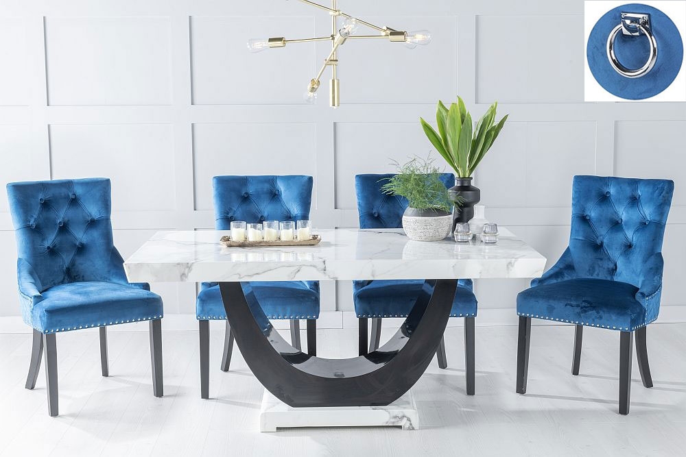 Madrid Marble Dining Table Set White Top And Black Gloss U Shaped Pedestal Base With Blue Fabric Knocker Back Chairs With Black Legs