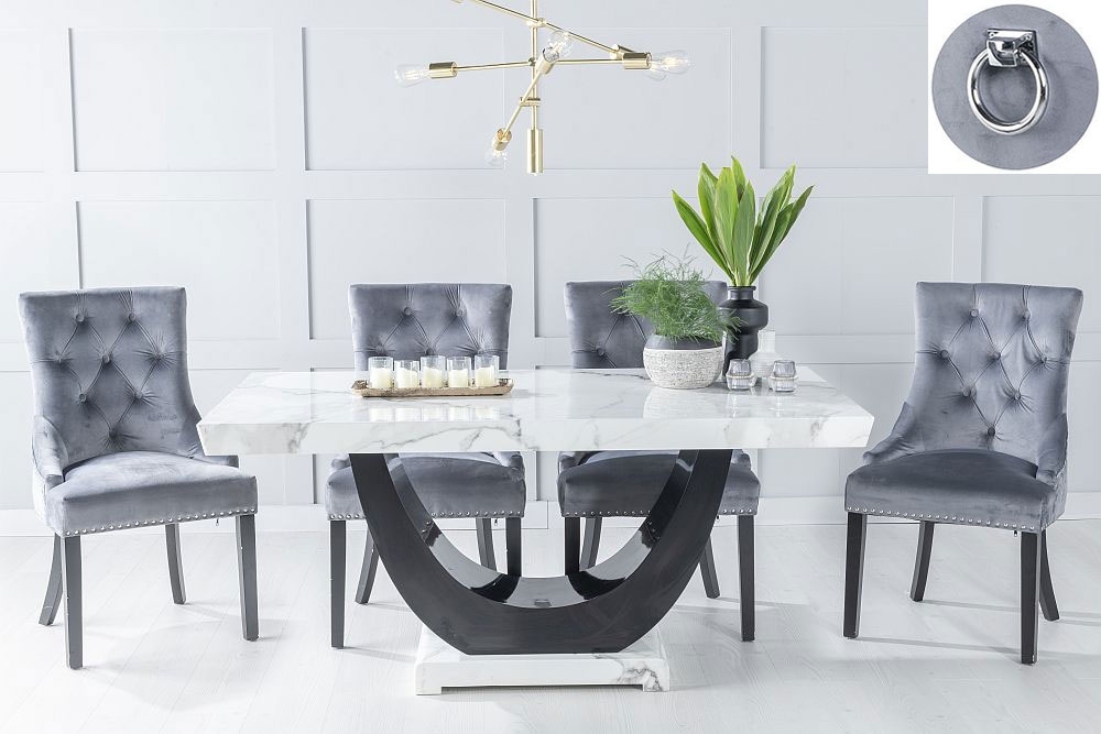 Madrid Marble Dining Table Set White Top And Black Gloss U Shaped Pedestal Base With Grey Fabric Knocker Back Chairs With Black Legs