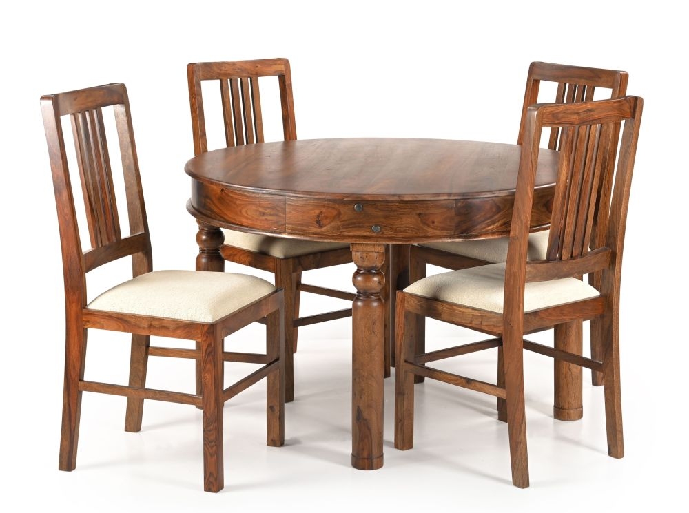 Maharani Sheesham Dining Table Set For 4 Diners 120cm Round Indian Wood Top With 4 Legs 4 Slatted Back Chairs