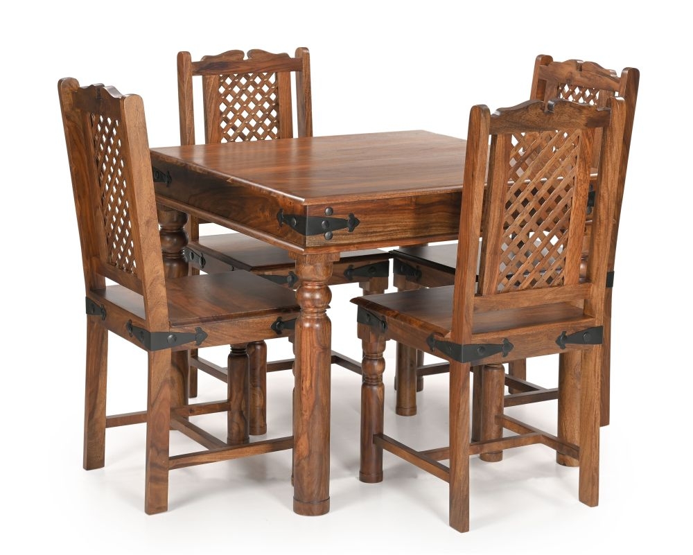 Maharani Sheesham Dining Table Set For 4 Diners 90cm Square Indian Wood Top With 4 Turned Legs 4 Chairs