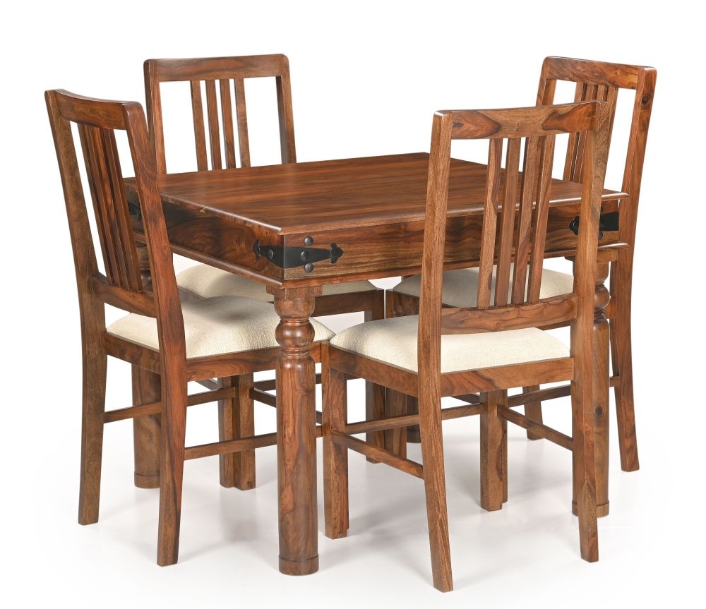 Maharani Sheesham Dining Table Set For 4 Diners 90cm Square Indian Wood Top With 4 Legs 4 Slatted Back Chairs
