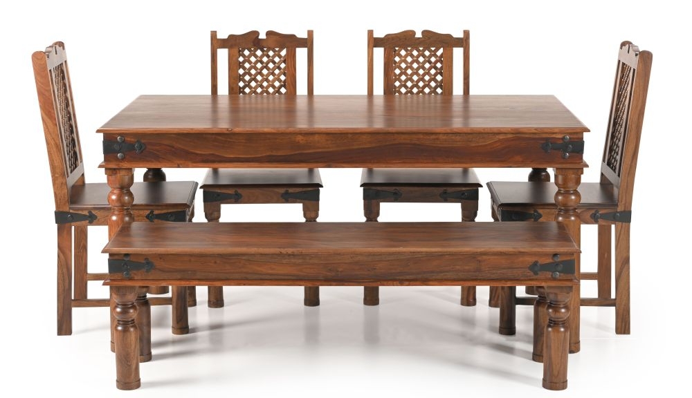 Maharani Sheesham Dining Table Set For 6 Diners 160cm Rectangular Indian Wood Top With 4 Turned Legs 4 Chairs 1 Bench