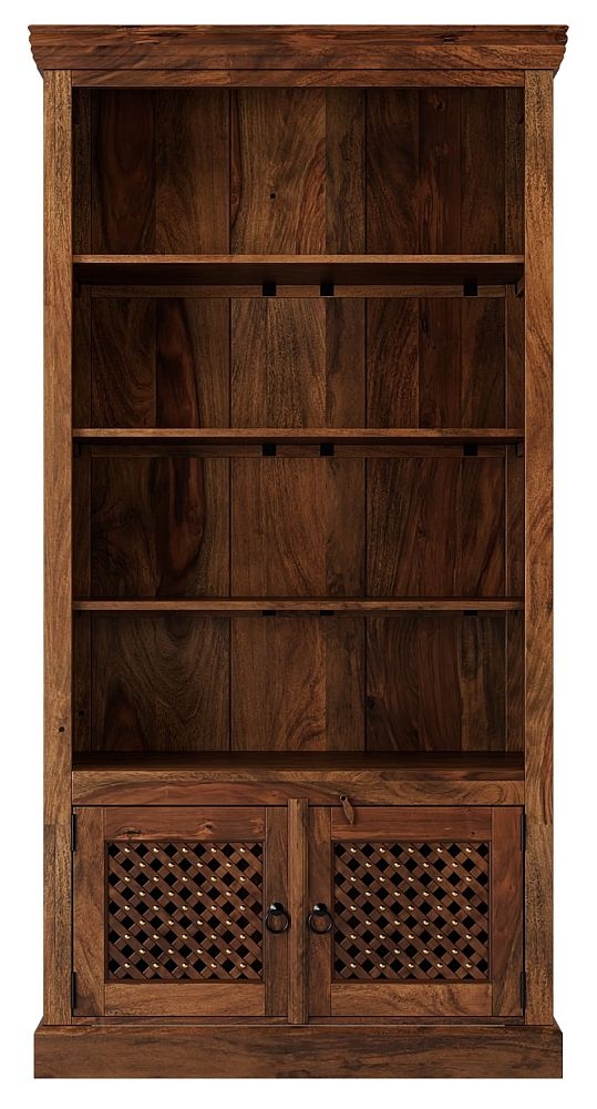 Maharani Sheesham Bookcase Indian Wood Lattice Jali Design Tall 4 Book Shelf With Bottom Storage Cupboard