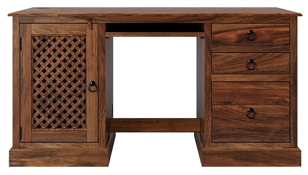Maharani Sheesham Computer Desk Indian Wood Double Pedestal Lattice Jali Design Filing Cabinet 1 Door With 3 Drawers