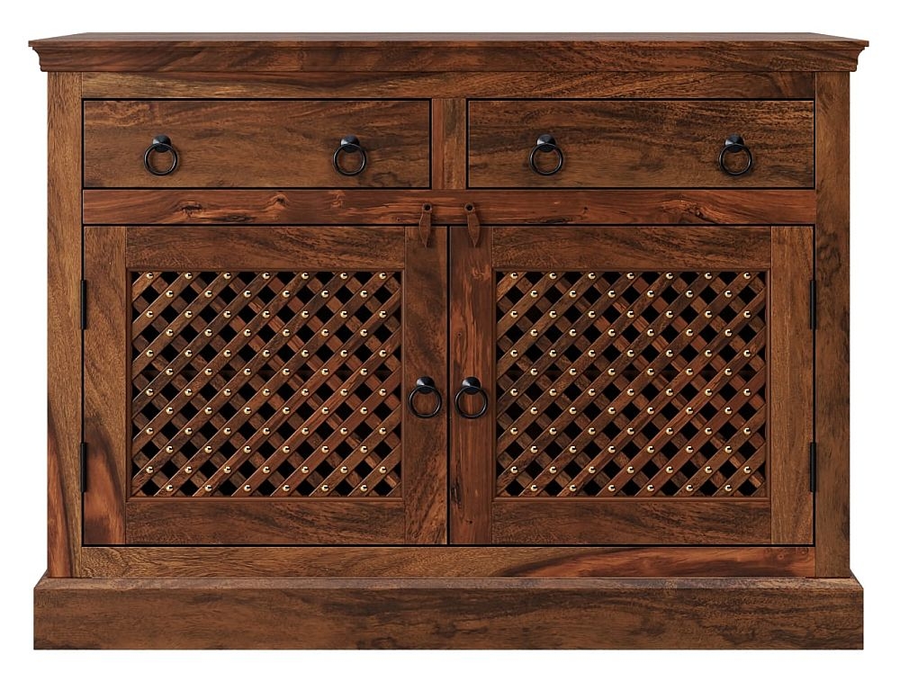 Maharani Sheesham Sideboard Indian Wood 110cm Small Cabinet Lattice Jali Design 2 Door With 2 Drawers