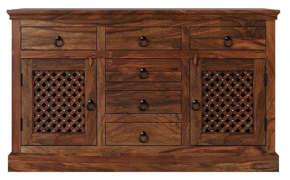 Maharani Sheesham Sideboard Indian Wood 135cm Medium Cabinet Lattice Jali Design 2 Door With 6 Drawers