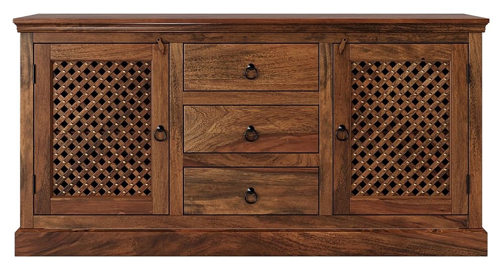 Maharani Sheesham Sideboard Indian Wood 160cm Large Cabinet Lattice Jali Design 2 Door With 3 Drawers