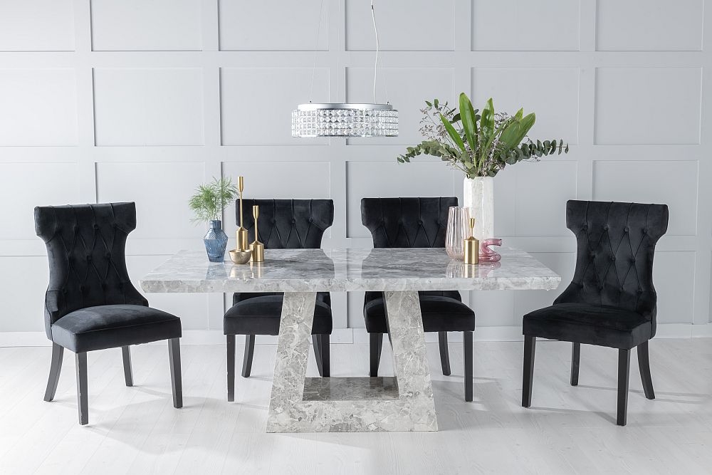 Milan Marble Dining Table Set Rectangular Grey Top And Triangular Pedestal Base With Courtney Black Fabric Chairs