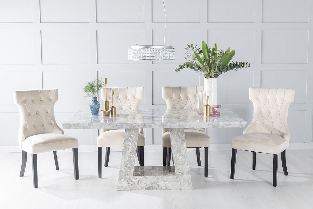 Milan Marble Dining Table Set Rectangular Grey Top And Triangular Pedestal Base With Courtney Champagne Fabric Chairs