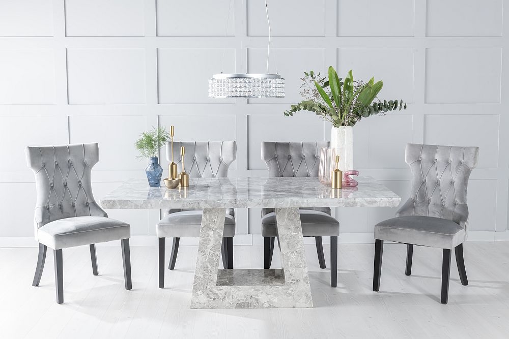 Milan Marble Dining Table Set Rectangular Grey Top And Triangular Pedestal Base With Courtney Light Grey Fabric Chairs