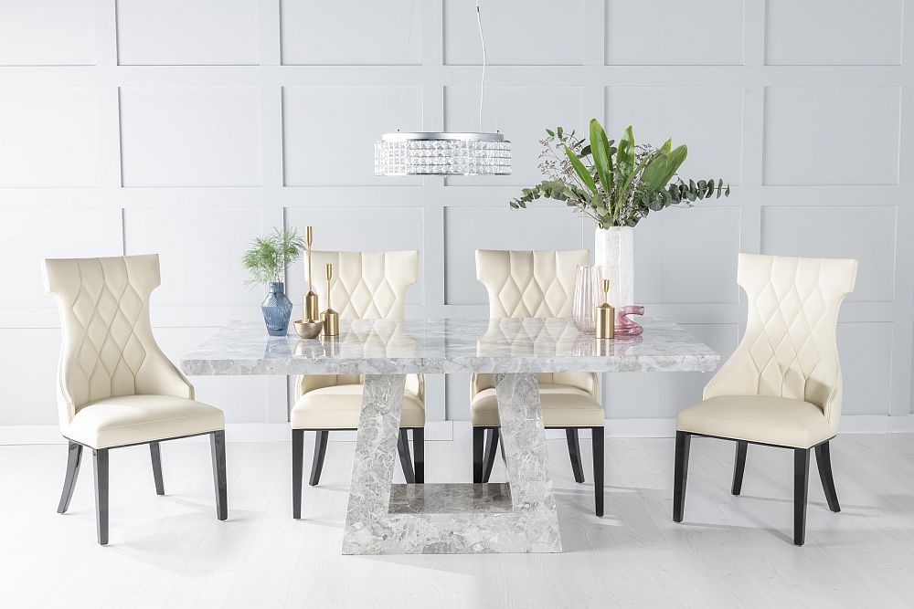 Milan Marble Dining Table Set Rectangular Grey Top And Triangular Pedestal Base With Mimi Cream Faux Leather Chairs