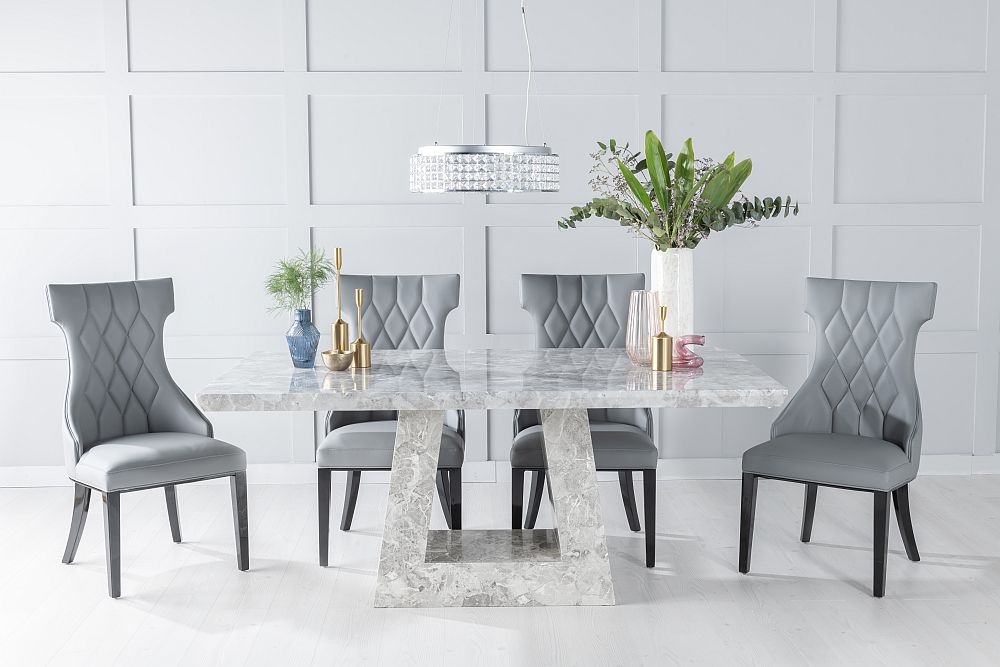 Milan Marble Dining Table Set Rectangular Grey Top And Triangular Pedestal Base With Mimi Grey Faux Leather Chairs