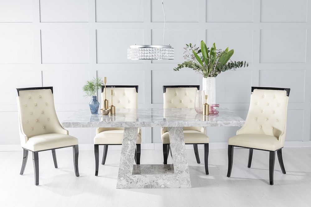 Milan Marble Dining Table Set Rectangular Grey Top And Triangular Pedestal Base With Carmela Cream Faux Leather Chairs