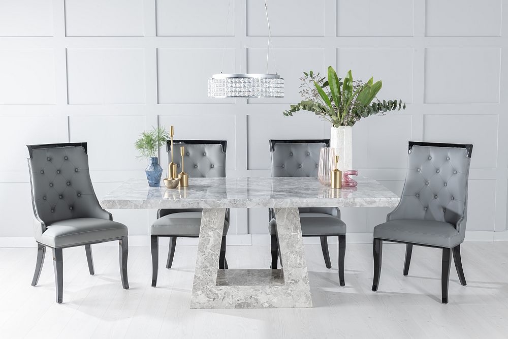 Milan Marble Dining Table Set Rectangular Grey Top And Triangular Pedestal Base With Carmela Grey Faux Leather Chairs