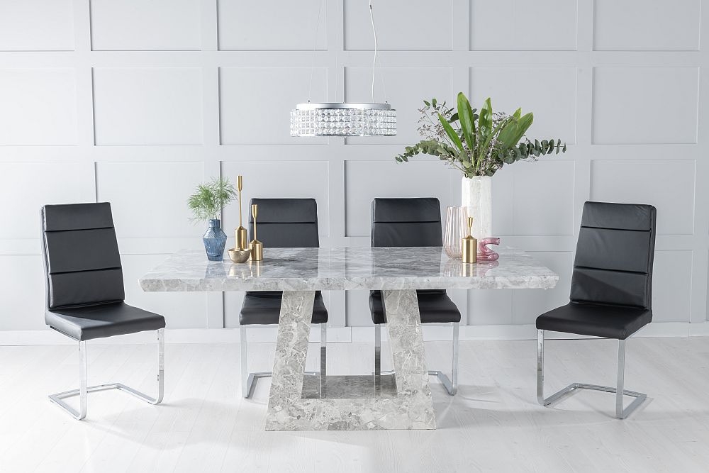 Milan Marble Dining Table Set Rectangular Grey Top And Triangular Pedestal Base With Arabella Black Faux Leather Chairs