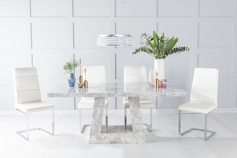 Milan Marble Dining Table Set Rectangular Grey Top And Triangular Pedestal Base With Arabella Cream Faux Leather Chairs