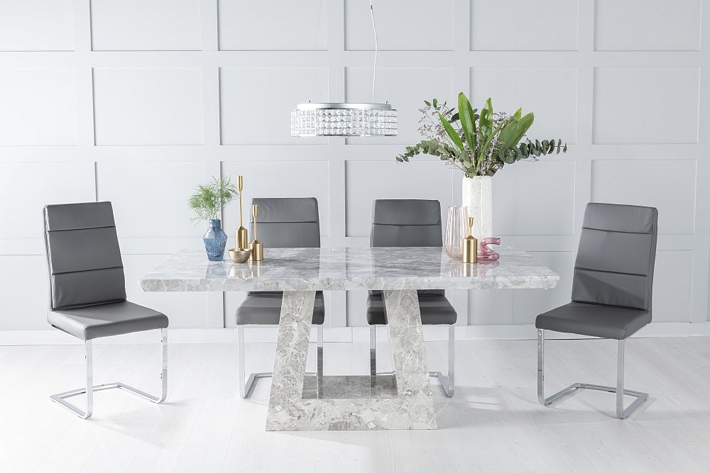 Milan Marble Dining Table Set Rectangular Grey Top And Triangular Pedestal Base With Arabella Dark Grey Faux Leather Chairs