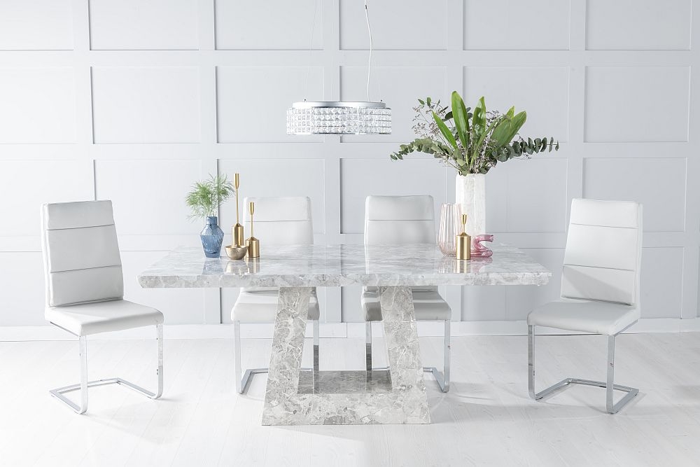 Milan Marble Dining Table Set Rectangular Grey Top And Triangular Pedestal Base With Arabella Grey Faux Leather Chairs