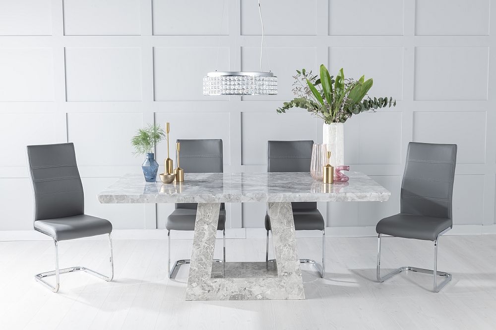 Milan Marble Dining Table Set Rectangular Grey Top And Triangular Pedestal Base With Malibu Dark Grey Faux Leather Chairs