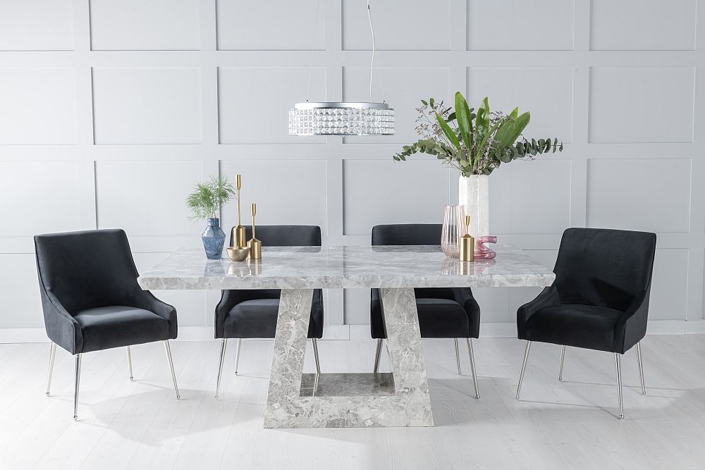 Milan Marble Dining Table Set Rectangular Grey Top And Triangular Pedestal Base With Giovanni Black Fabric Chairs