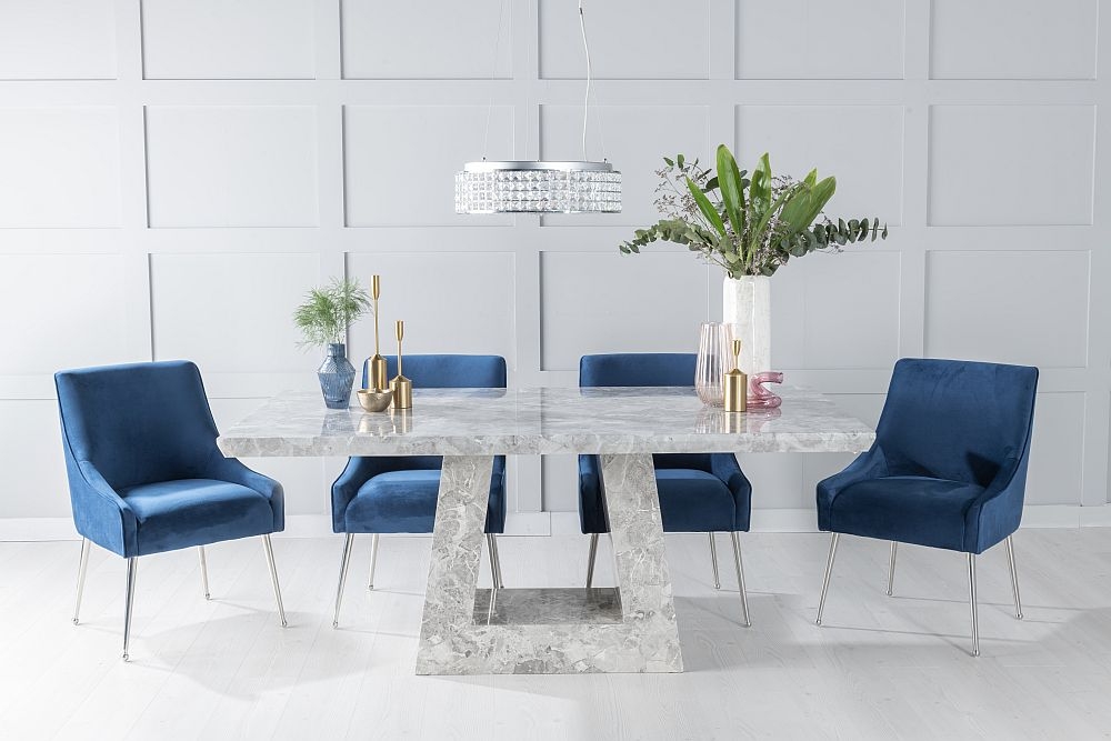 Milan Marble Dining Table Set Rectangular Grey Top And Triangular Pedestal Base With Giovanni Blue Fabric Chairs