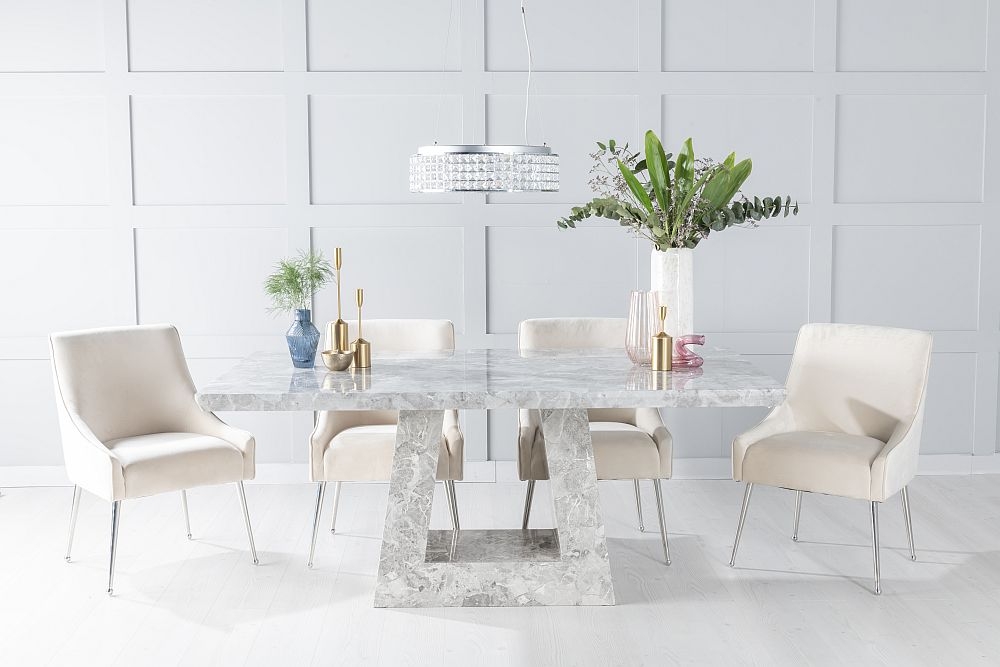 Milan Marble Dining Table Set Rectangular Grey Top And Triangular Pedestal Base With Giovanni Champagne Fabric Chairs