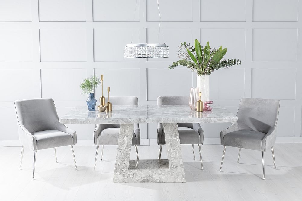 Milan Marble Dining Table Set Rectangular Grey Top And Triangular Pedestal Base With Giovanni Light Grey Fabric Chairs