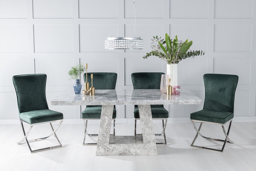 Milan Marble Dining Table Set Rectangular Grey Top And Triangular Pedestal Base With Lyon Green Fabric Chairs