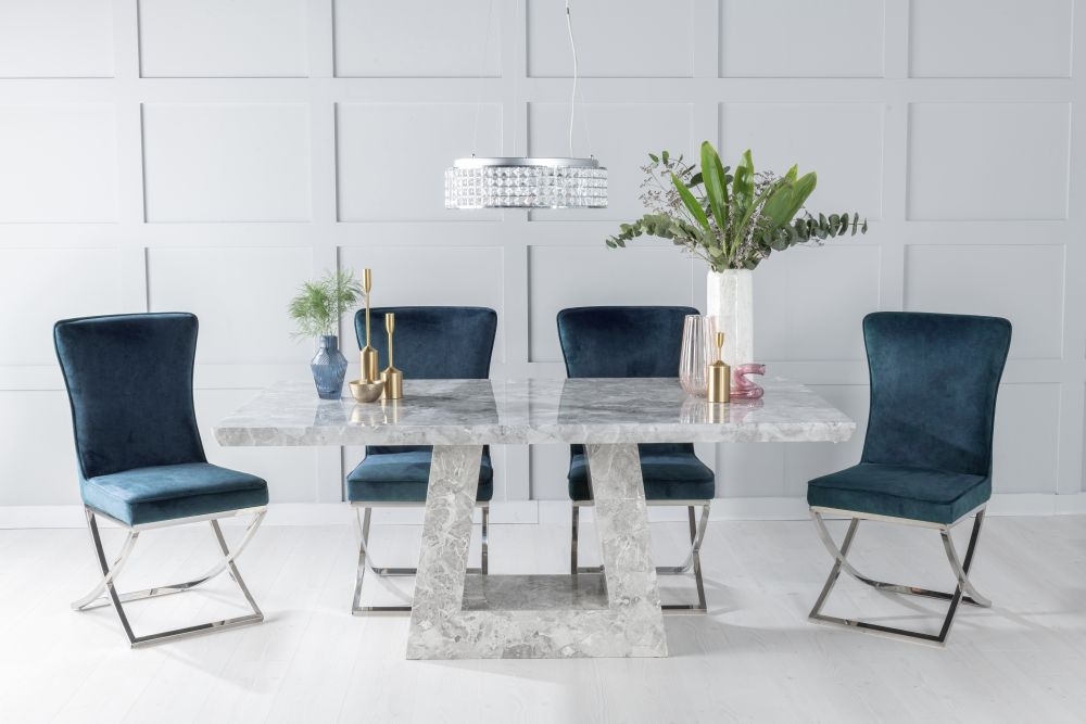 Milan Marble Dining Table Set Rectangular Grey Top And Triangular Pedestal Base With Lyon Blue Fabric Chairs