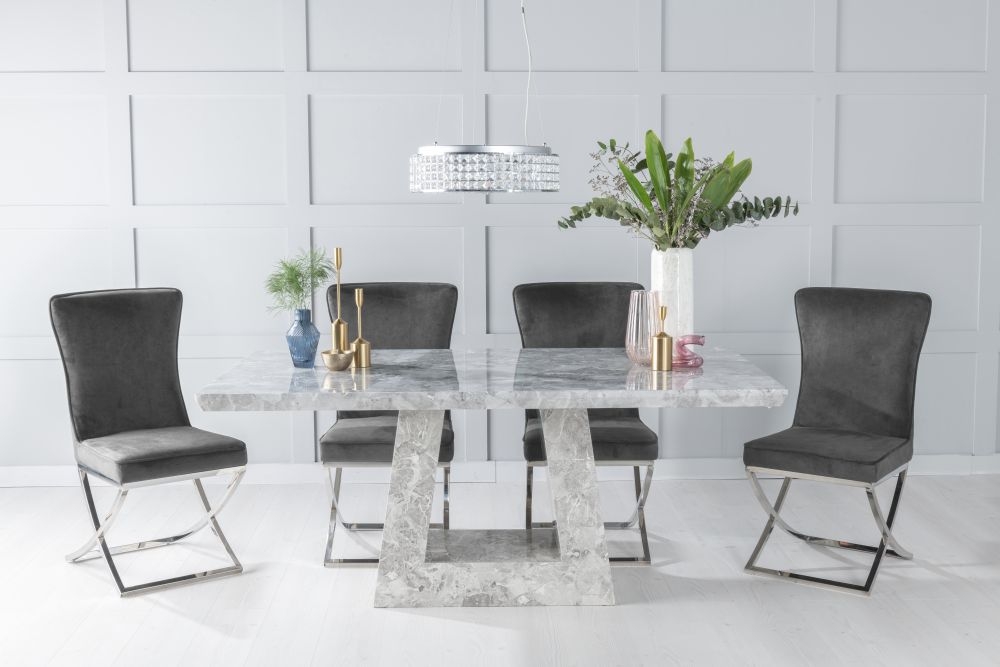 Milan Marble Dining Table Set Rectangular Grey Top And Triangular Pedestal Base With Lyon Grey Fabric Chairs